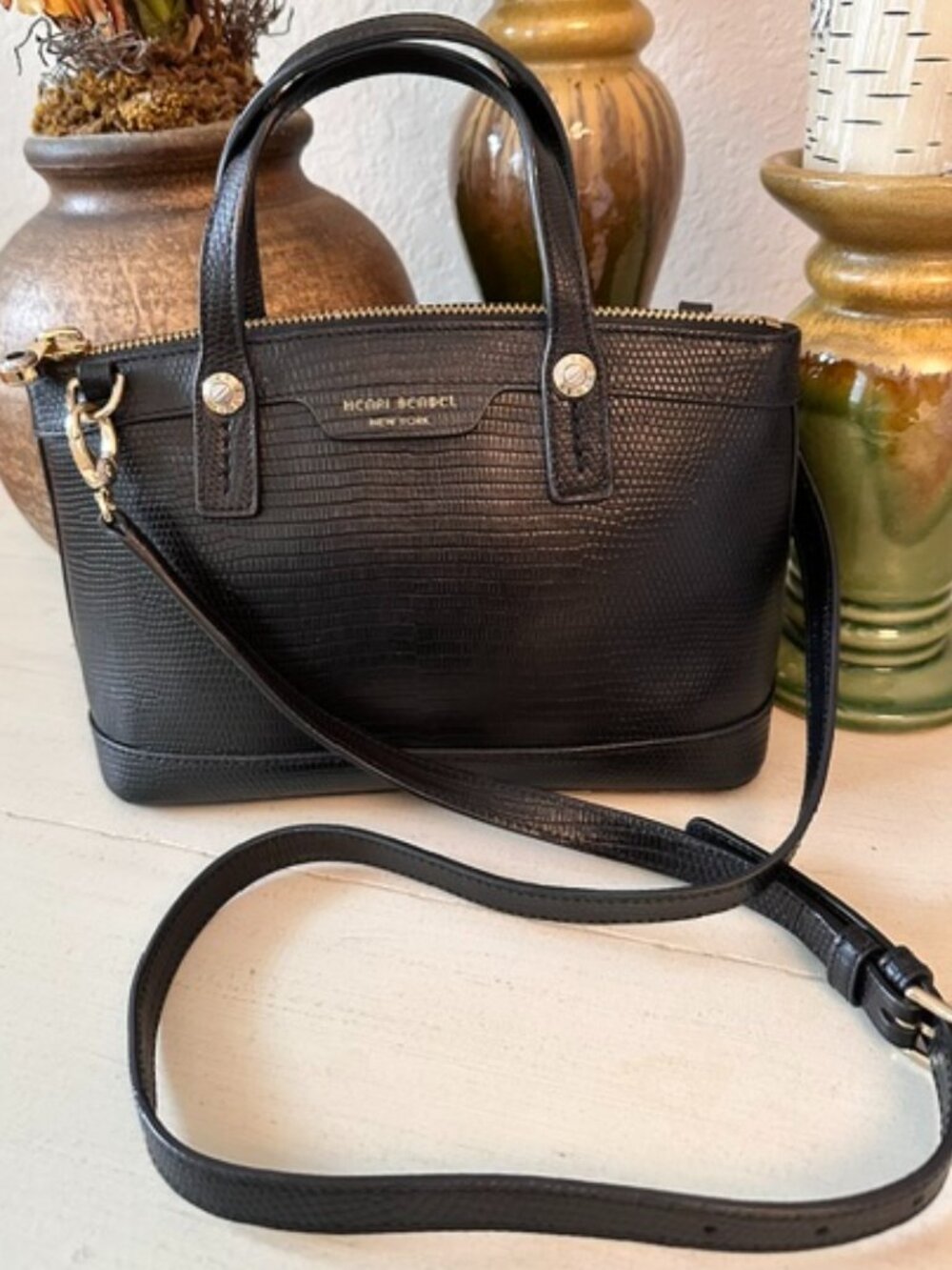henri bendel black leather west 57th convertible satchel/crossbody-EUC